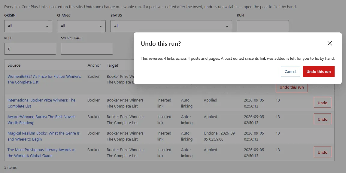 Confirm dialog Undo this run stating this reverses 4 links across 4 posts and pages, and that a post edited since its link was added is left to fix by hand