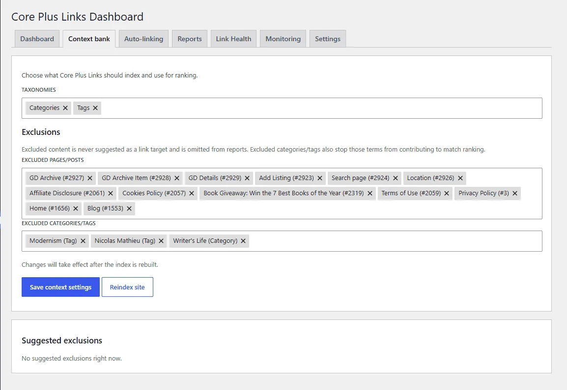 Core Plus Links context bank settings with taxonomies and exclusions
