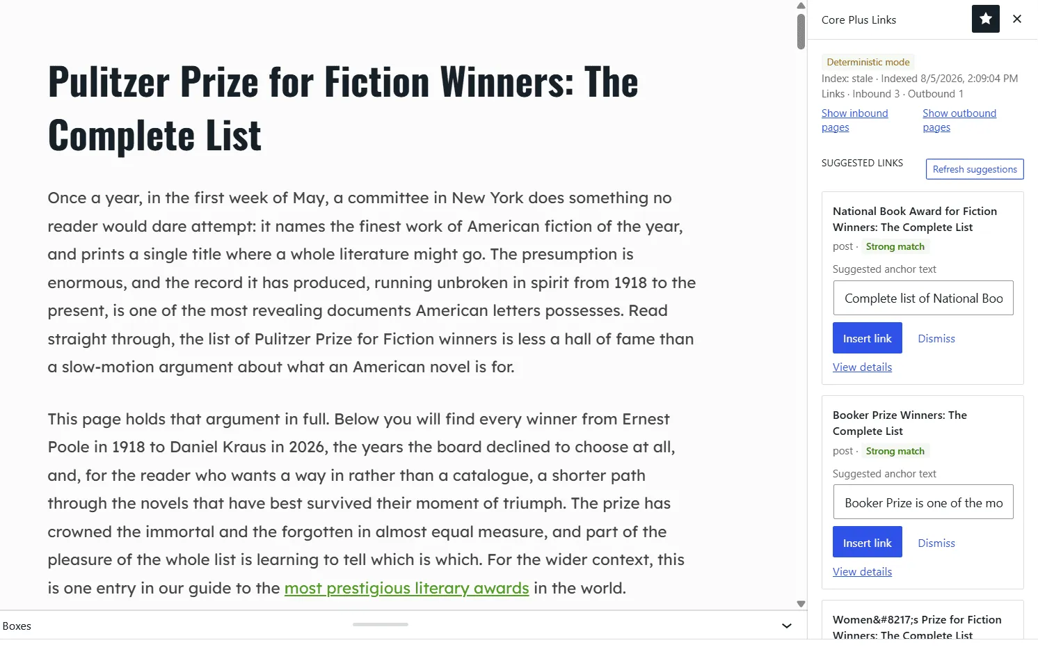 The Core+ Links sidebar in the WordPress block editor, showing a suggested link marked as a strong match with an editable suggested anchor text field above the Insert link button.