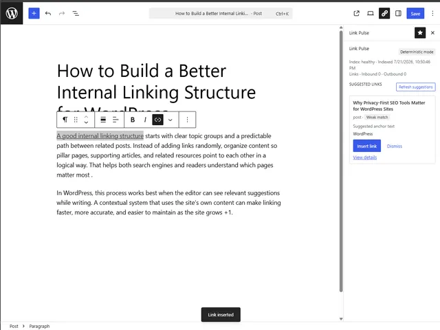 A suggested internal link inserted into a post, with confirmation