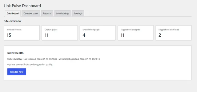 Link Pulse admin dashboard showing index health and status