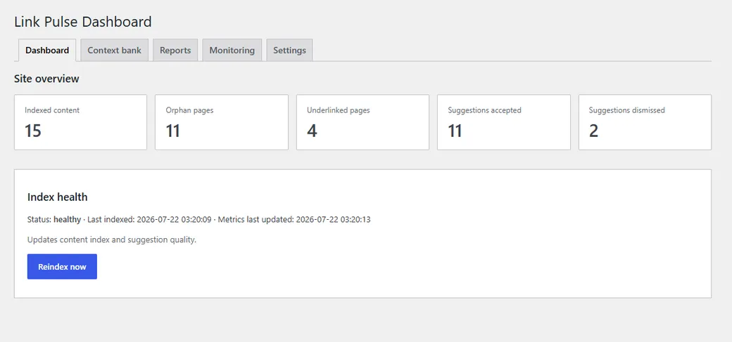 Link Pulse admin dashboard showing index health and job status