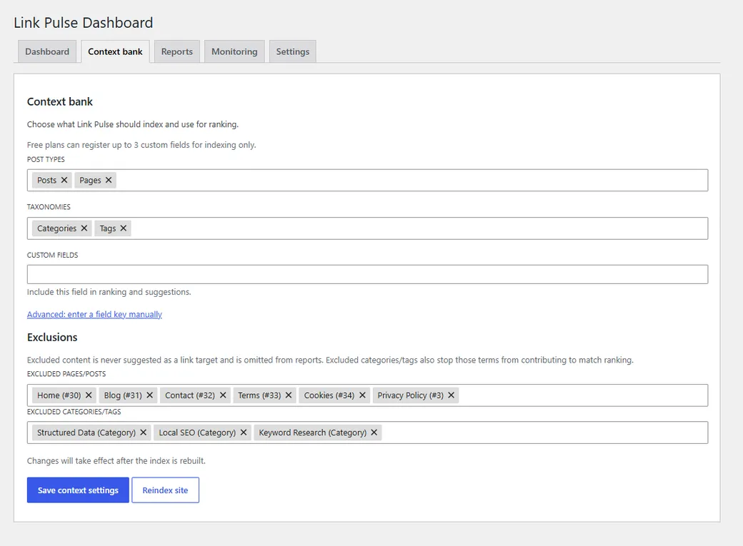 Link Pulse context bank settings with post types, exclusions, and custom fields