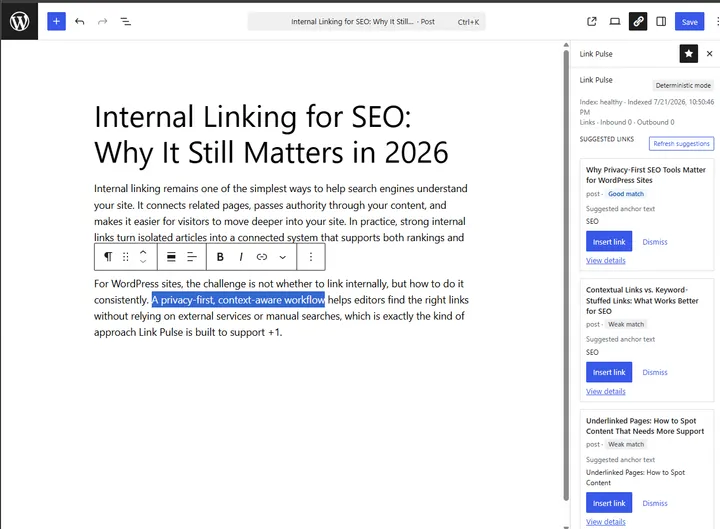 Link Pulse insert flow with anchor text selection