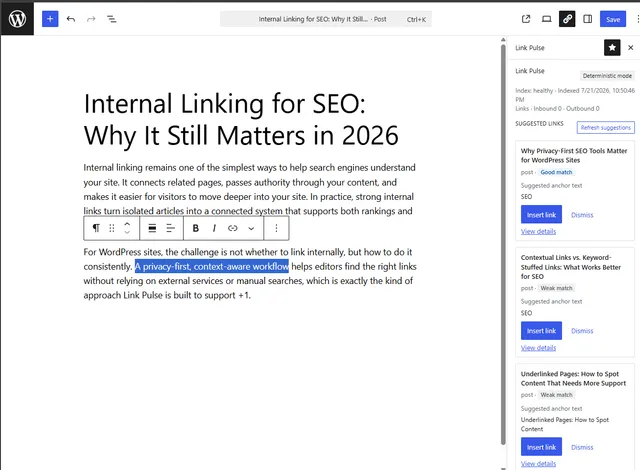 Ranked internal link suggestions in the block editor sidebar while writing