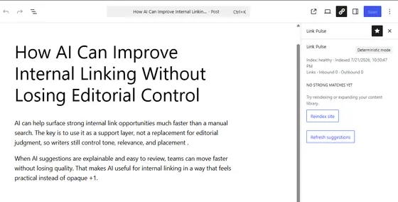 Link Pulse sidebar empty state with no suggestions listed