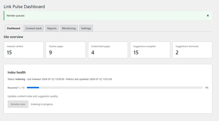 Link Pulse reindex confirmation or job progress in the admin