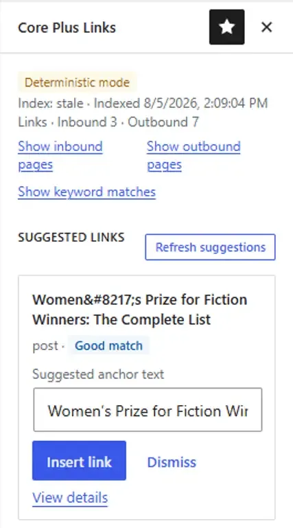 Core Plus Links sidebar with deterministic mode, inbound and outbound counts, and a Good match suggestion